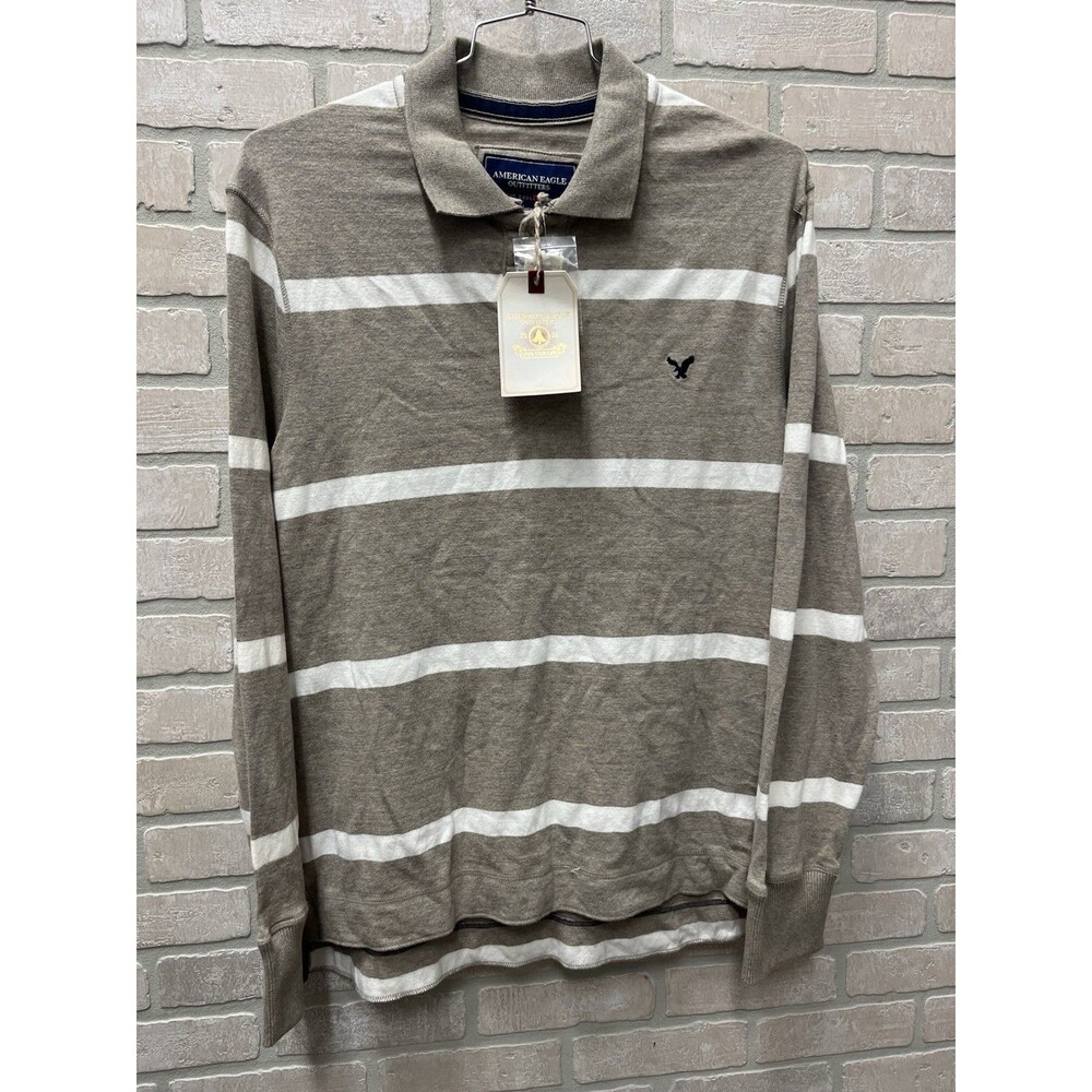 American Eagle men’s long sleeve pullover rugby style Sz L brown stripe NWT